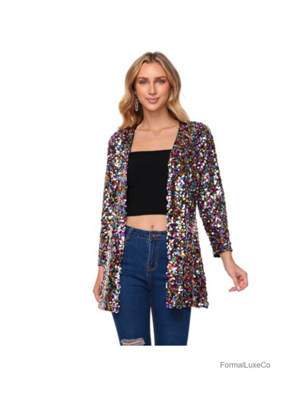 Sequin Open Front Blazer Long Sleeve Glitter Sparkly Party Jacket